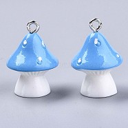 Opaque Resin Pendants, with Platinum Tone Iron Loops, Mushroom with Polka Dots, Light Sky Blue, 23~24x17mm, Hole: 2mm(X-RESI-T028-69A)