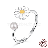 Rhodium Plated 925 Sterling Silver Open Finger Rings, with Enamel & 925 Stamp for Women, Daisy Flower Anxiety Worry Fidget Spinner Ring, Real Platinum Plated, 1.6mm, US Size 7(17.3mm)(RJEW-A019-50P)