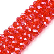 Electroplate Glass Beads Strands, Pearl Luster Plated, Faceted, Rondelle, Red, 6x5mm, Hole: 1mm, about 83~85pcs/strand, 38~39cm(EGLA-A034-T6mm-A27)