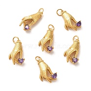 Brass Micro Pave Lilac Cubic Zirconia Pendants, Long-Lasting Plated, Hand, Real 18K Gold Plated, 20.5x11x5mm, Hole: 4mm(ZIRC-P086-20G)