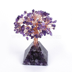 Natural Amethyst Chips and Gemstone pedestal Display Decorations, Healing Stone Tree, for Reiki Healing Crystals Chakra Balancing, with Rose Gold Tone Aluminum Wires, Lucky Tree, 120~150x60x59mm(G-S282-08)