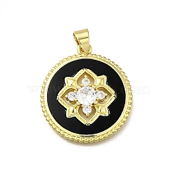 Brass Micro Pave Cubic Zirconia Pendants, with Resin, Flat Round, Cadmium Free & Lead Free, Rack Plating, Long-Lasting Plated, Real 18K Gold Plated, Black, 28x25.5x4mm, Hole: 4x5mm(KK-C090-05B-01)