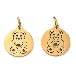 304 Stainless Steel Charms, with Jump Ring, Flat Round Charm, Laser Cut, Golden, Bear, 13.5x11.5x1mm, Hole: 3.4mm(STAS-D050-07G-08)