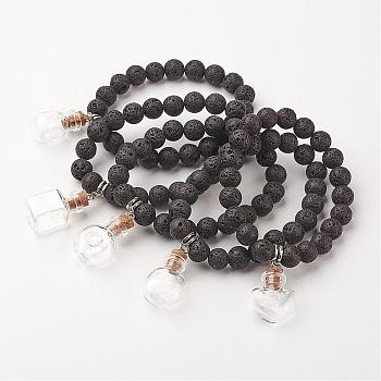 Lava Rock Bead Charm Bracelets, Stretch Bracelets, with Glass Bottle Pendants, Mixed Shape, 58mm(2-1/4 inch)