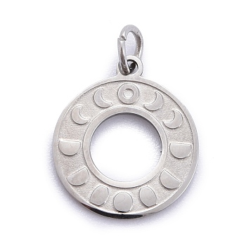 304 Stainless Steel Pendants, Manual Polishing, with Jump Ring, Textured, Moon Phase, Stainless Steel Color, 17x15x1mm, Jump Ring: 5x1mm, 3.5mm inner diameter