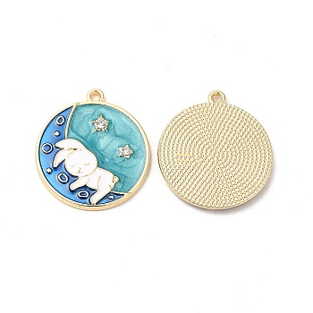 Alloy Enamel Pendants, with Rhinestone, Cadmium Free & Nickel Free & Lead Free, Golden, Flat Round with Rabbit & Star Pattern, Turquoise, 24.5x22x2mm, Hole: 1.5mm