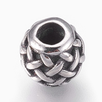 316 Surgical Stainless Steel European Beads, Large Hole Beads, Barrel with Weave Pattern, Antique Silver, 10x9.5mm, Hole: 4mm