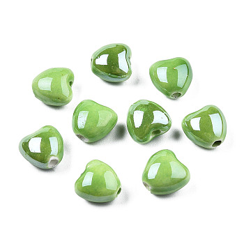 Pearlized Handmade Porcelain Beads, Heart, Light Green, 10x10x7mm, Hole: 1.8mm