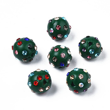 Polymer Clay Rhinestone Beads, Pave Disco Ball Beads, Round, Dark Green, PP15(2.1~2.2mm), 9~10.5x9mm, Hole: 1.2mm