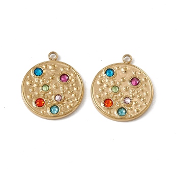 Vacuum Plating 201 Stainless Steel Pendants, Colorful Rhinestone Flat Round Charms, Real 18K Gold Plated, 17.5x15.5x2mm, Hole: 1.5mm