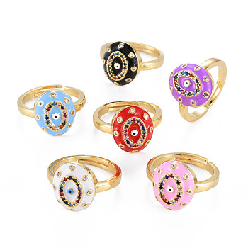 Adjustable Brass Micro Pave Colorful Cubic Zirconia Finger Rings, with Enamel, Nickel Free, Oval with Evil Eyel, Real 16K Gold Plated, Mixed Color, US Size 6 3/4(17mm)
