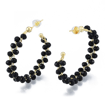 Brass Wrapped Black Glass Bead Stud Earrings for Women, Nickel Free, Real 18K Gold Plated, 41x40x8.5mm, Pin: 0.7mm