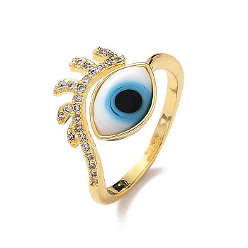 Lampwork Evil Eye Cuff Ring with Clear Cubic Zirconia, Real 18K Gold Plated Brass Jewelry for Women, White, Inner Diameter: 18mm