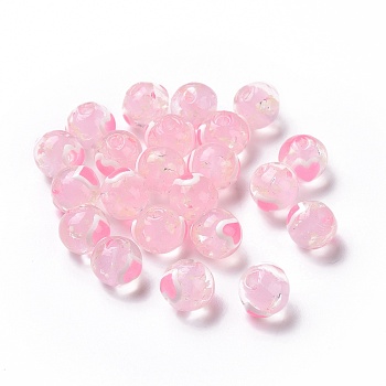 Handmade Lampwork Beads, Round with Heart, Pink, 10x9mm, Hole: 1.4mm
