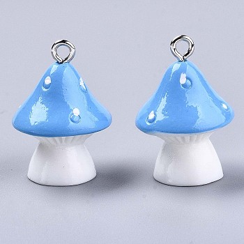 Opaque Resin Pendants, with Platinum Tone Iron Loops, Mushroom with Polka Dots, Light Sky Blue, 23~24x17mm, Hole: 2mm