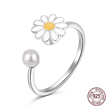Rhodium Plated 925 Sterling Silver Open Finger Rings, with Enamel & 925 Stamp for Women, Daisy Flower Anxiety Worry Fidget Spinner Ring, Real Platinum Plated, 1.6mm, US Size 7(17.3mm)