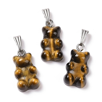 Natural Tiger Eye Pendants, with Stainless Steel Color Tone 201 Stainless Steel Findings, Bear, 27.5mm, Hole: 2.5x7.5mm, Bear: 21x11x6.5mm