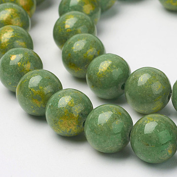 Natural Mashan Jade Beads Strands, with Gold Powder, Dyed, Round, Green, 6mm, Hole: 1mm, about 62pcs/strand, 16 inch