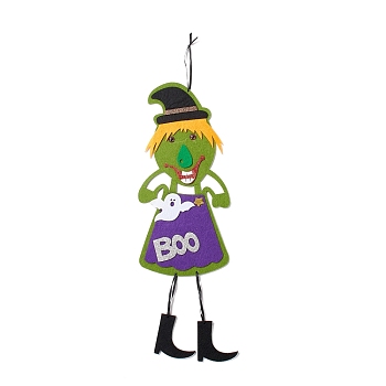 Halloween Theme Felt Cloth Hanging Door Signs, Wall Decoration, Decorative Props for Indoor, Outdoor, Witch with Word BOO, Lime Green, 605mm