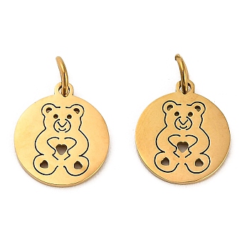 304 Stainless Steel Charms, with Jump Ring, Flat Round Charm, Laser Cut, Golden, Bear, 13.5x11.5x1mm, Hole: 3.4mm