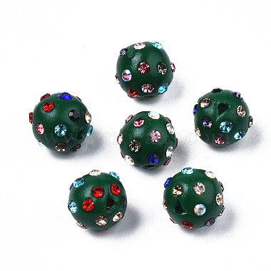 Dark Green Round Polymer Clay+Glass Rhinestone Beads