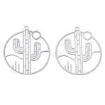Non-Tarnish 201 Stainless Steel Filigree Pendants, Etched Metal Embellishments, Ring with Cactus, Stainless Steel Color, 33x30x0.3mm, Hole: 1.6mm(STAS-S118-027P)