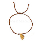 Brass Charm Bracelets, Braided Waxed Nylon Cord Adjustable Bracelets for Men Women, Leaf, Real 14K Gold Plated, Sandy Brown, 11.02 inch(28cm)(DI3925-5)