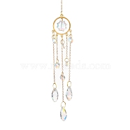 Iron Hanging Ornaments, Glass Teardrop Tassel Suncatchers for Outdoor Garden Dcorations, Ring, 310mm(AJEW-H154-06C)