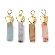 Natural Crazy Lace Agate/Map Stone/Flower Amazonite/Wood Lace Stone Rectangle Pendants, Brass Heart Charms, Real 14K Gold Plated, 25.5x6x4mm, Hole: 1.8mm(PALLOY-JF02973)