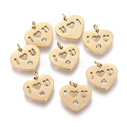 316 Surgical Stainless Steel Charms, with Jump Rings and Crystal Rhinestone, Heart, Golden, 9x10x1mm, Hole: 1.4mm(STAS-I164-036G)