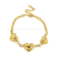 304 Stainless Steel Heart Link Cable Chains Bracelets, with Lobster Claw Clasps and Chain Extender for Women, Golden, 7-1/8 inch(18.2cm)(BJEW-E100-01G)