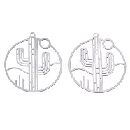 201 Stainless Steel Filigree Pendants, Etched Metal Embellishments, Ring with Cactus, Stainless Steel Color, 33x30x0.3mm, Hole: 1.6mm(STAS-S118-027P)