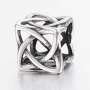 304 Stainless Steel Beads, Large Hole Beads, Hollow Cube, Antique Silver, 9x9x8mm, Hole: 6mm(STAS-H440-156AS)