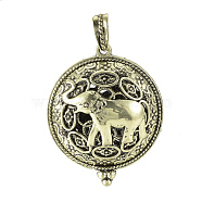 Alloy Diffuser Locket Pendants, with Magnetic, Flat Round with Elephant, Antique Bronze, 43x35x18mm, Hole: 7x4mm(PALLOY-Q331-34AB)