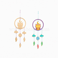 DIY Owl Wind Chime Making Kits, Including 1Pc Wood Plates, 1 Card Cotton Thread and 1Pc Plastic Knitting Needles, for Children Painting Craft, Owl Pattern, Thread & Needle: Random Color(DIY-A029-07)
