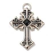 Alloy Big Pendants, with Jet Rhinestone, Cross Charms, Antique Silver, 50x35x4.5mm, Hole: 3x6mm(PALLOY-A007-04AS)