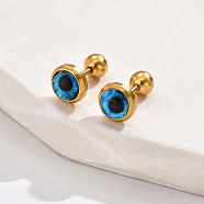 Real 18K Gold Plated 304 Stainless Steel Flat Round Stud Earrings, with Plastic, Dodger Blue, 8mm(ZB4928-2)
