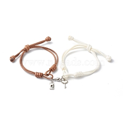 Adjustable Korean Waxed Polyester Cord  Bracelets, with Tibetan Style Alloy Pendants and Round Brass Magnetic Clasps, Padlock & Skeleton Key, Mixed Color, Inner Diameter: 1-1/4~2-3/8 inch(3.1~6cm), 2pcs/set(X1-BJEW-TA00001)
