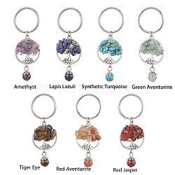 7Pcs 7 Styles Gemstone Keychains, with Alloy Findings and 304 Stainless Steel Split Key Rings, Tree of Life, 7.2cm, 1pc/style(KEYC-JKC00769)