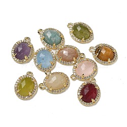 Natural Mixed Gemstone Faceted Oval Pendants, Rack Plating Brass Micro Pave Cubic Zirconia Charms, Golden, Mixed Dyed and Undyed, 15.5x11x4.5mm, Hole: 1.4mm(G-I375-02G)