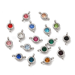 304 Stainless Steel Single Rhinestone Connector Charms, Flat Round Links, Stainless Steel Color, Mixed Color, 12x6.5x4mm, Hole: 2mm.(STAS-E194-13P-M)