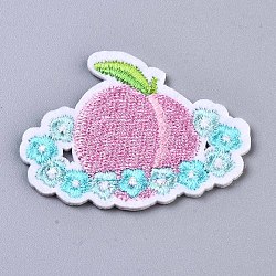 Peach with Flower Appliques, Computerized Embroidery Cloth Iron on/Sew on Patches, Costume Accessories, Pearl Pink, 36x47.5x1.5mm(DIY-S041-048)