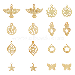 64Pcs 16 Style Rack Plating Brass Pendants, Long-Lasting Plated, Star & Ring & Butterfly, Mixed Color, 10~25x9~25x0.3~1mm, Hole: 1~1.4mm, 4pcs/style(KK-FH0006-67)
