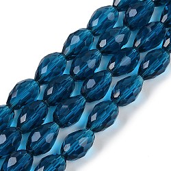 Transparent Glass Beads Strands, Faceted, Teardrop, Prussian Blue, 5~6x4mm, Hole: 0.9mm, about 65~67pcs/strand, 15.35~16.14 inch(39~41cm)(EGLA-N013-T4mm-D25)