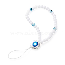 Plastic Beads Mobile Straps, with 3D Printed ABS Plastic Imitation Pearl Beads and Evil Eye Lampwork Round Beads & Nylon Thread, White, 18.5cm(HJEW-JM00532)