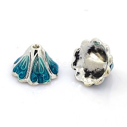 5-Petal Antique Silver Tone Alloy Enamel Flower Bead Caps, Dark Turquoise, 15x10mm, Hole: 2mm(ENAM-J189-02P)