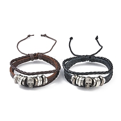 PU Leather & Waxed Cords Triple Layer Multi-strand Bracelets, Braided Adjustable Bracelet Alloy Skull, Mixed Color, Inner Diameter: 2-3/8~3-1/8 inch(5.9~8cm)(BJEW-G709-03)