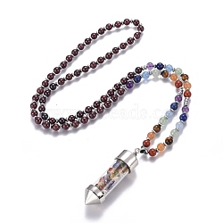 Natural Mixed Stone Pendant Necklace, with Glass Beads and Brass Findings, Bullet, 27.9 inch(71cm), beads: 6mm, pendant: 65x17.5mm(NJEW-I109-A05)