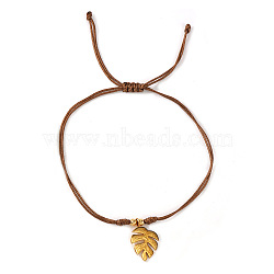Brass Charm Bracelets, Braided Waxed Nylon Cord Adjustable Bracelets for Men Women, Leaf, Real 14K Gold Plated, Sandy Brown, 11.02 inch(28cm)(DI3925-5)
