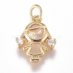 Brass Micro Pave Cubic Zirconia Pendants, with Jump Ring, Long-Lasting Plated, Girl, Clear, Golden, 11.5x9.5x3mm, Hole: 3mm(ZIRC-G168-51G-02)